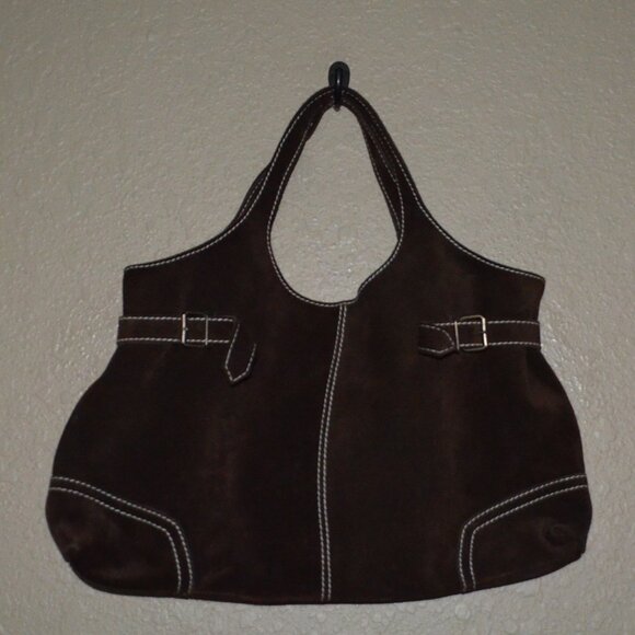 Ursula Beaugeste Dark Brown Suede Double Handle Tote Shoulder Handbag - Picture 1 of 6